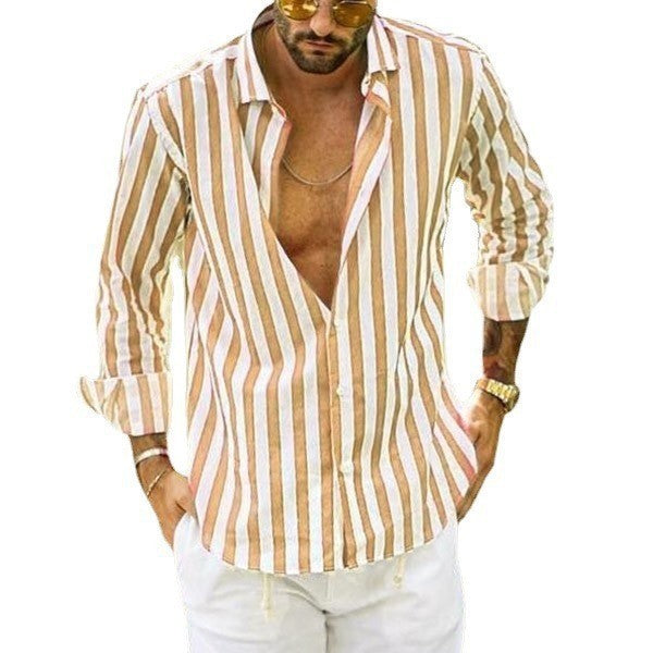 Polo Collar Stripes Shirt Loose men's clothing