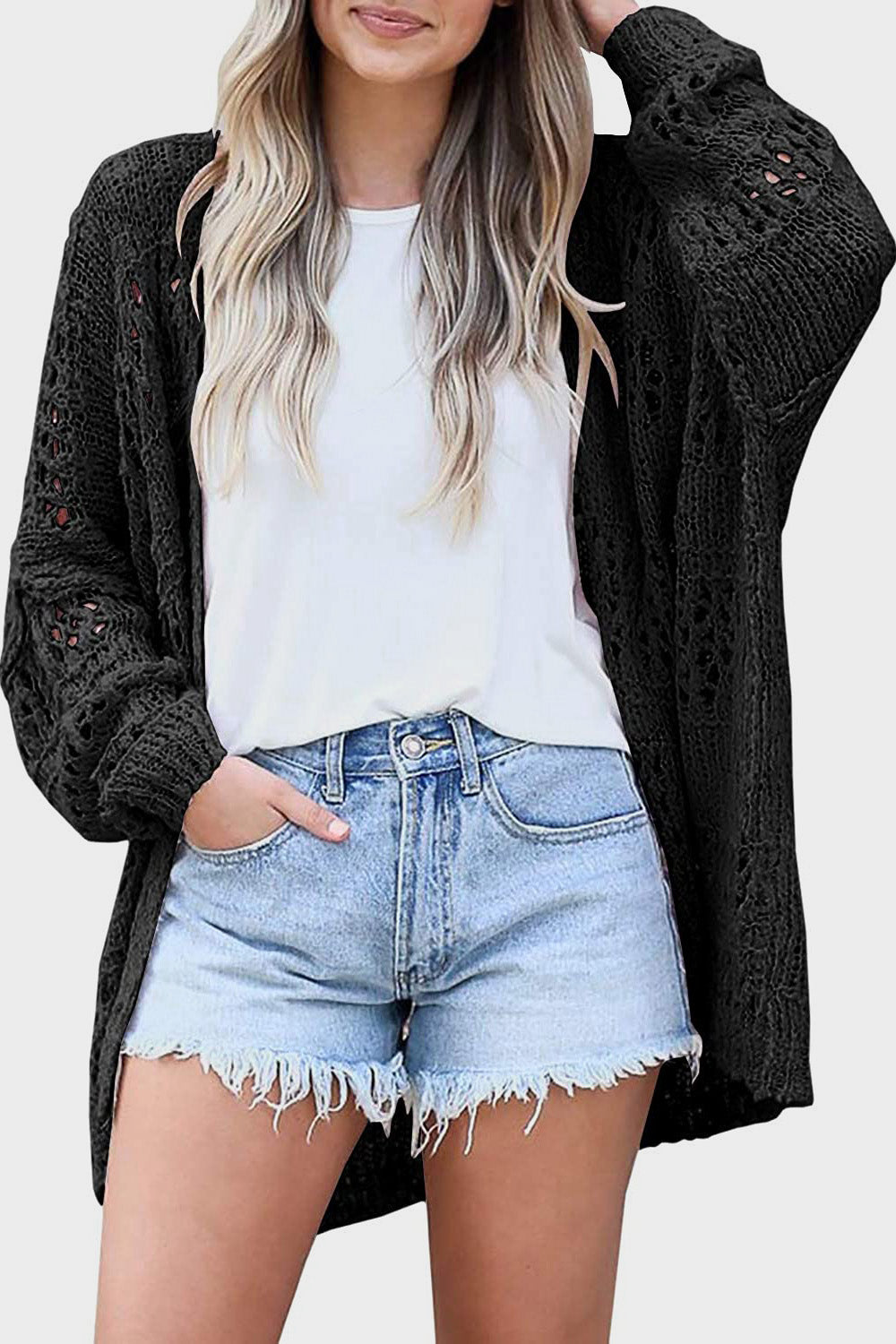 Openwork Open Front Long Sleeve Cardigan apparel & accessories