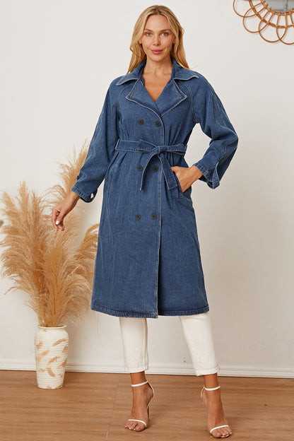 Double-Breasted Belted Longline Denim Jacket Dresses & Tops