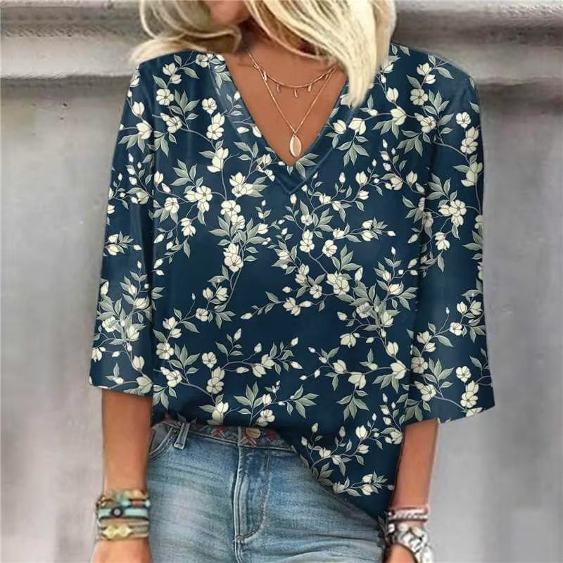 Women's Fashion V-Neck Printed Casual Loose Top apparel & accessories