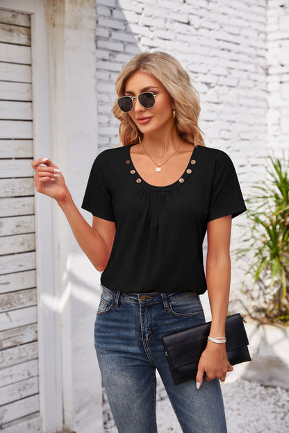 Women's Short-sleeved T-shirt Summer Button Square Collar Pleated Design Solid Color Loose T-shirt Womens Clothing apparel & accessories