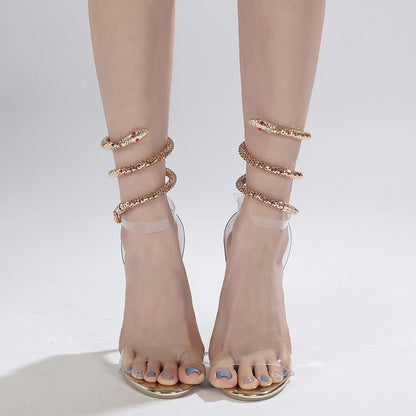 Rhinestone High-heeled Sandals Snakelike Winding Round Toe Transparent Shoes & Bags
