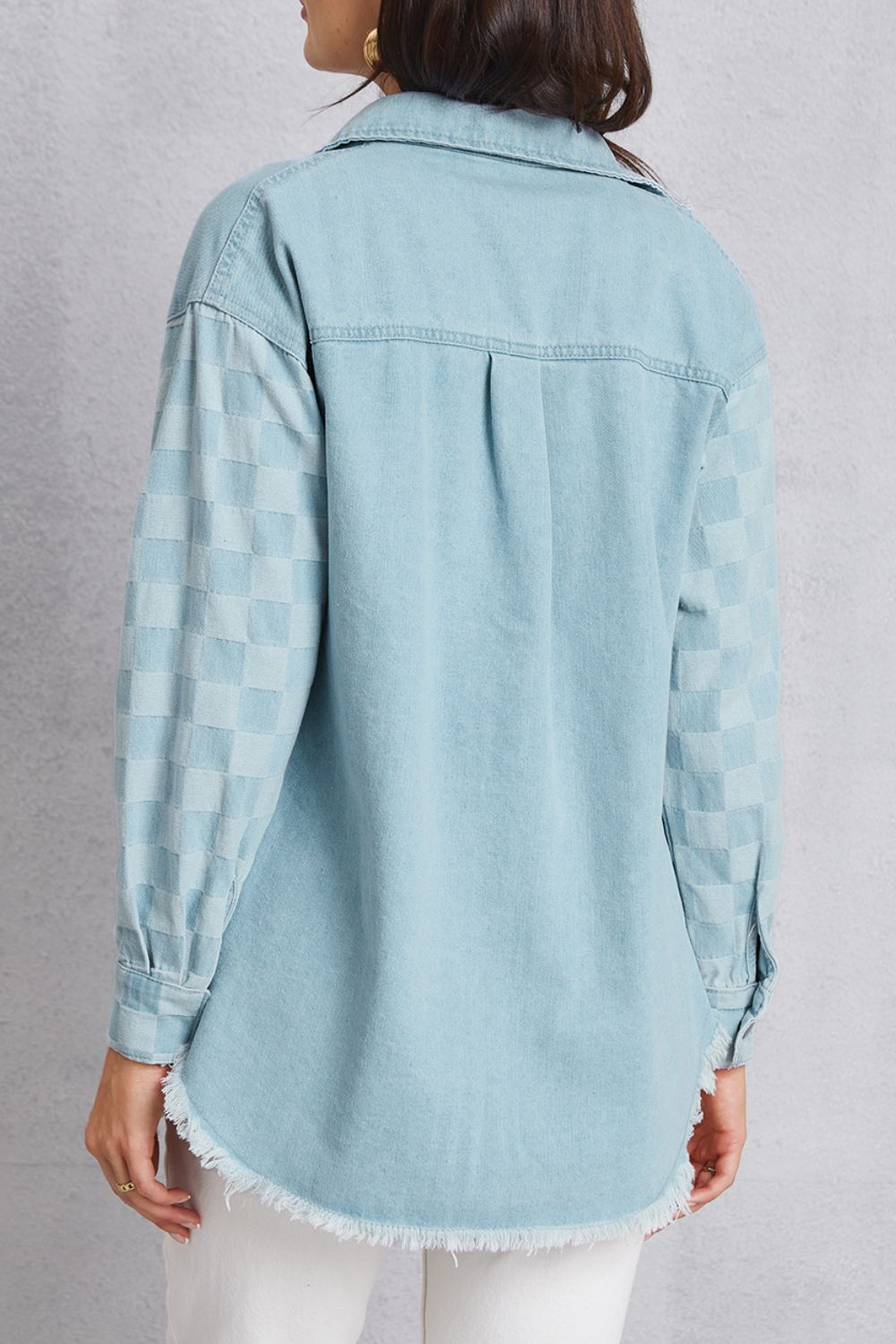 Raw Hem Checkered Dropped Shoulder Denim Jacket Dresses & Tops