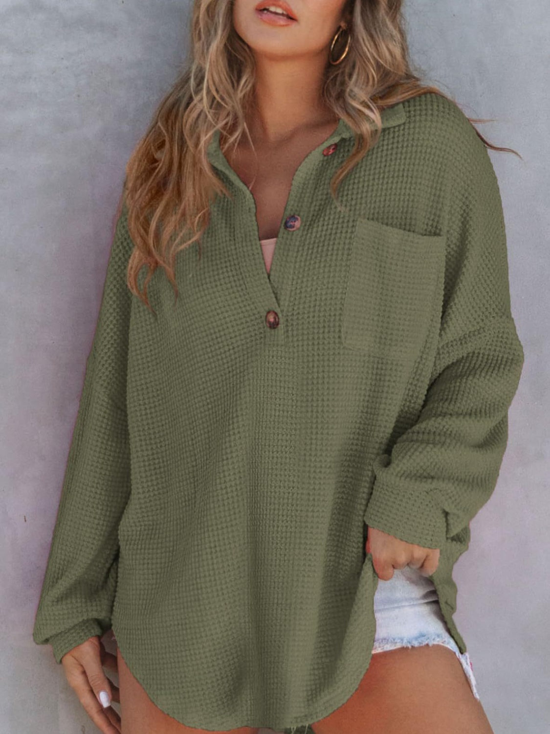 Waffle-Knit Dropped Shoulder Long Sleeve Sweatshirt Dresses & Tops