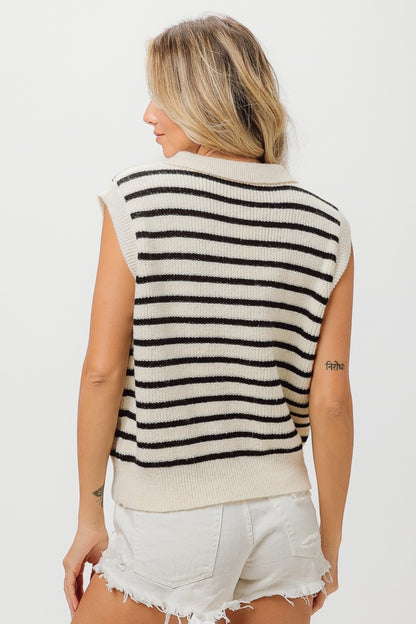 BiBi Striped Half Button Sweater Vest Dresses & Tops