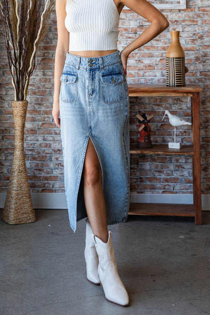 Veveret Slit Mid Rise Waist Denim Skirt apparel & accessories