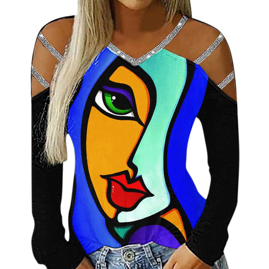 Ladies Casual V-Neck Printed Cutout Off Shoulder Long Sleeve T-Shirt apparels & accessories