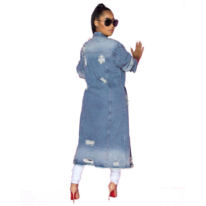 Blue Hole Washed Loose Long Sleeve Denim Coat apparels & accessories