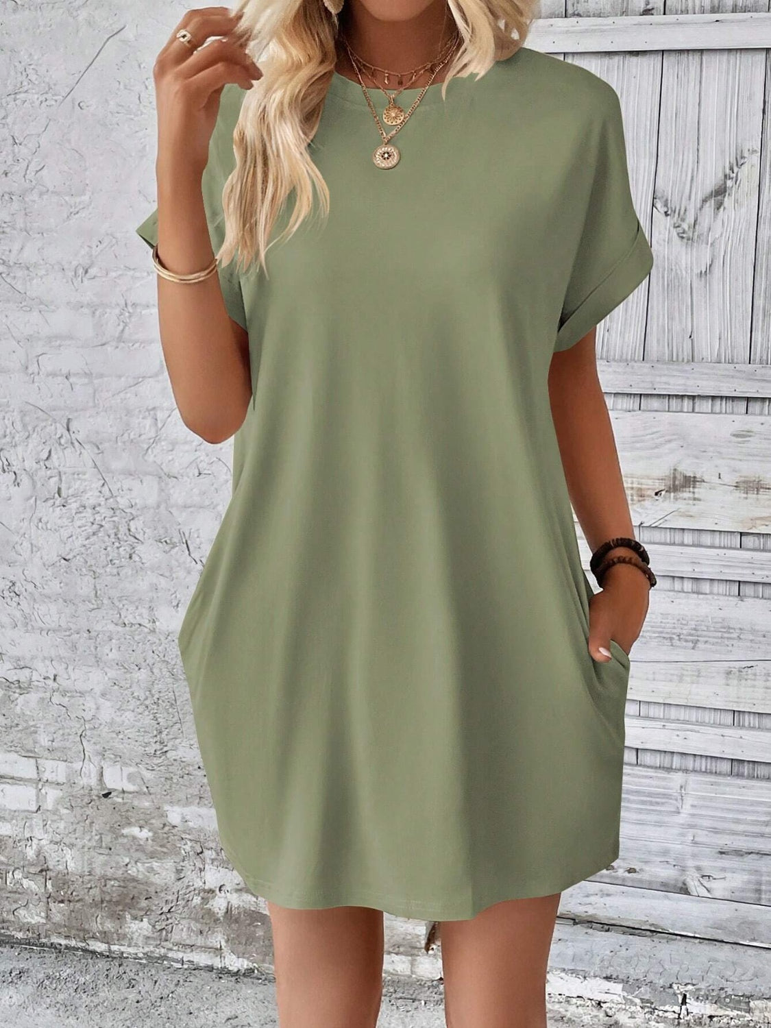 Round Neck Short Sleeve Mini Dress Dresses & Tops