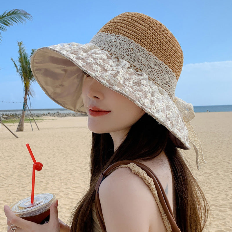 Lace Bow Straw Fisherman Hat Summer Outdoor Sunhat With Large Brim Anti-UV Sunshade And Face Protection Hat apparels & accessories