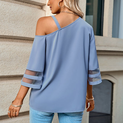 European And American Spring And Summer New Women's Fashion Casual Solid Color Metal Buckle Shoulder Top Women apparels & accessories