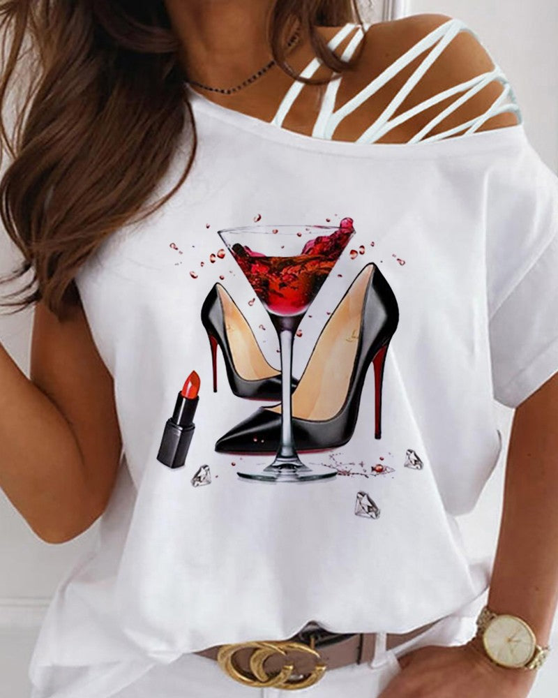 Summer New Women's Off-Shoulder Printed T-Shirt Top apparel & accessories