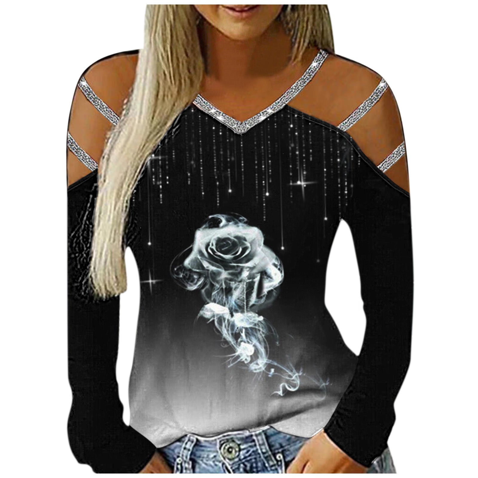 Ladies Casual V-Neck Printed Cutout Off Shoulder Long Sleeve T-Shirt apparels & accessories