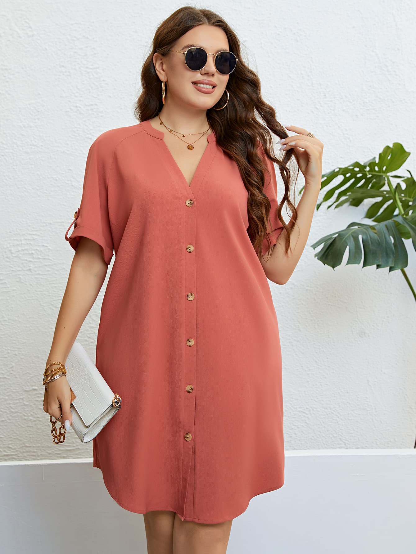 Plus Size Buttoned Notched Neck Shift Dress apparel & accessories