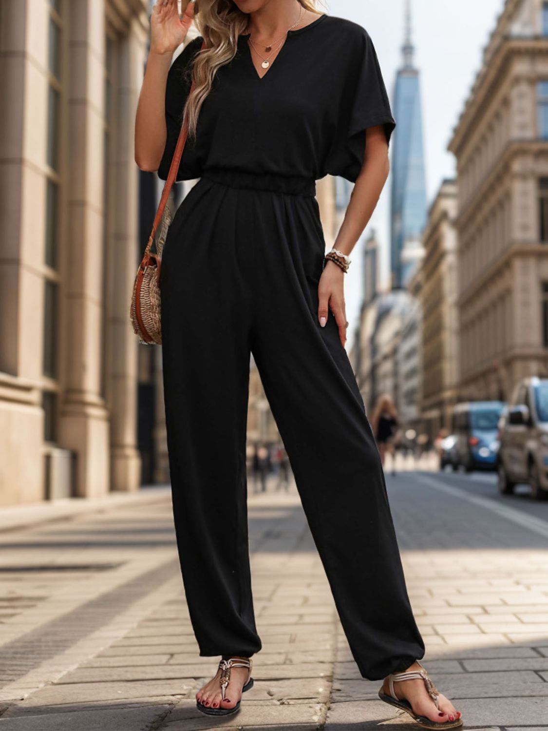 Notched Half Sleeve Straight Jumpsuit Bottom wear