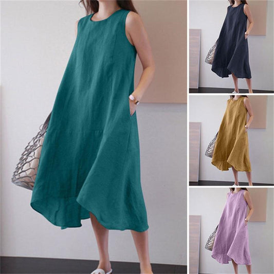Round Neck Dress Sleeveless Plus Size Loose Solid Color Long Large Hem Vest Cotton Linen Dress apparel & accessories