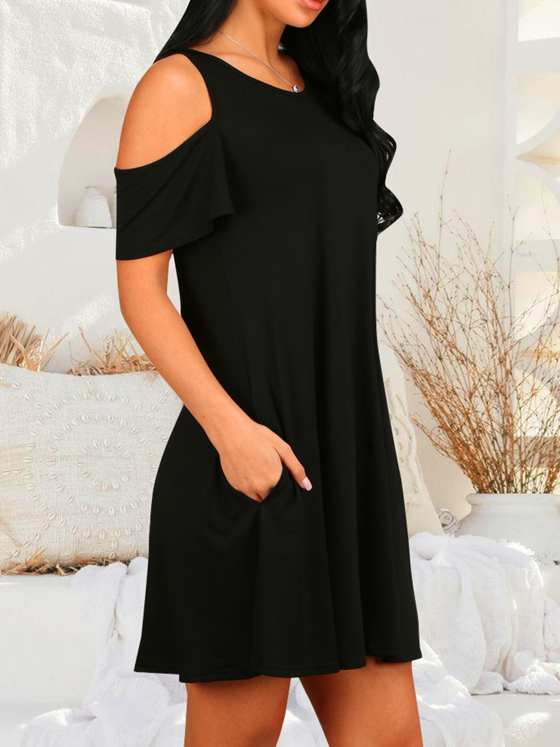 Round Neck Cold Shoulder Short Sleeve Dress Dresses & Tops