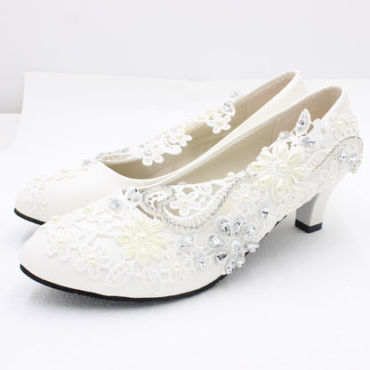 White High-heeled Wedding Shoes Lace Rhinestone Bridal Shoes & Bags