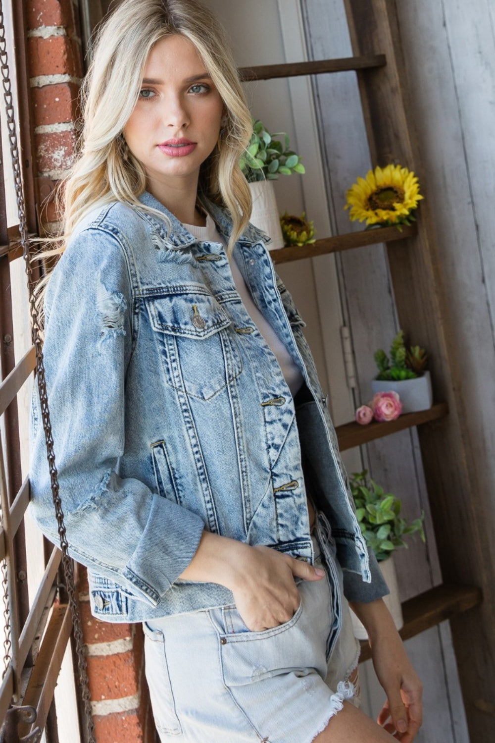 Veveret Distressed Button Up Denim Jacket apparel & accessories