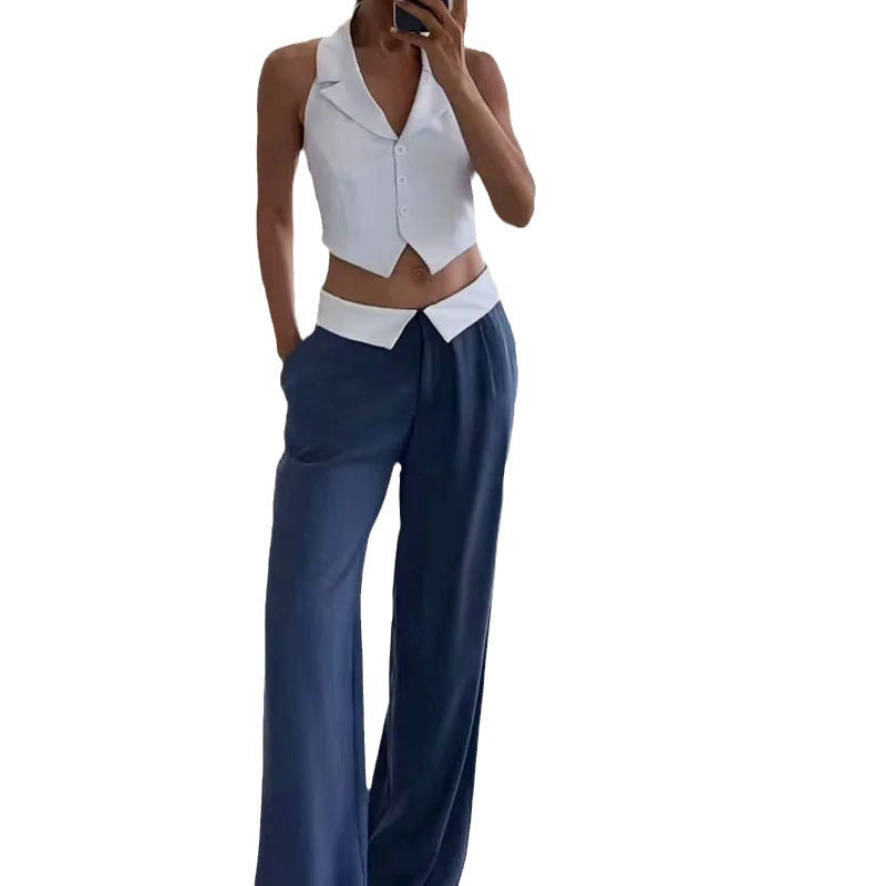 Casual Polo Collar Sleeveless Loose Solid Color Trousers Two-piece Set apparel & accessories