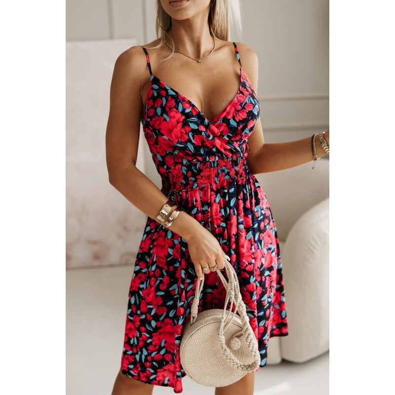 Fashion Flowers Print Suspender V-Neck Pleated Short Dress apparel & accessories