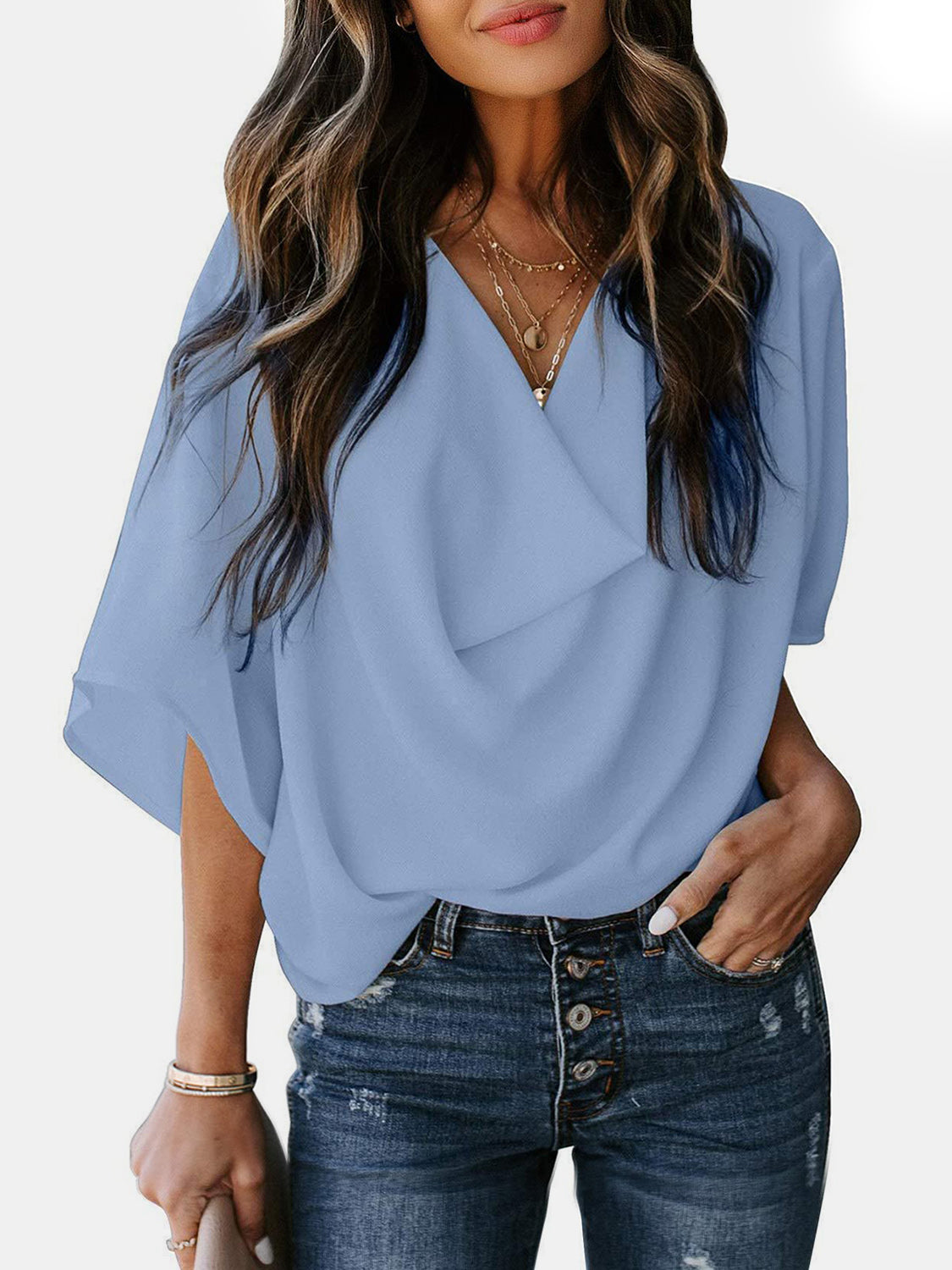 Cowl Neck Three-Quarter Sleeve Blouse apparel & accessories