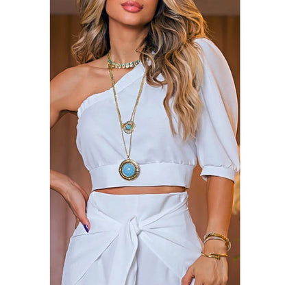 One-Sleeve Cropped Top Bloomers Two Piece Set apparels & accessories