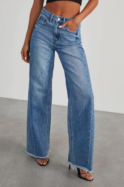 Raw Hem Wide Leg Jeans with Pockets apparel & accessories