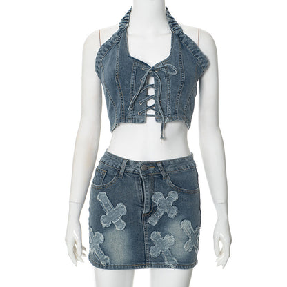 Cross Wash Sleeveless Casual Skirt Denim Suit apparels & accessories