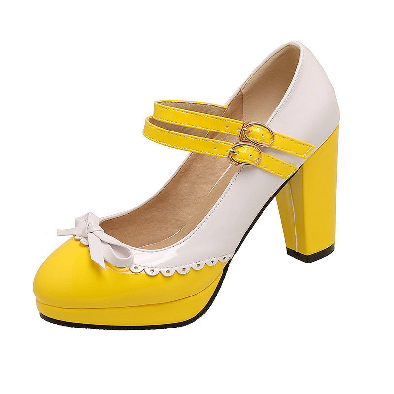 Round Toe Bowknot Color Matching Patent Leather Hollow Buckle High Heels Shoes & Bags