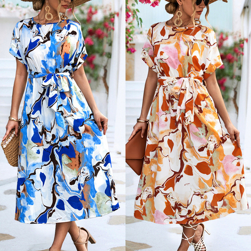 Summer Print Short-sleeved Dress Summer Loose Lace-up A-line Long Dresses Fashion Casual Holiday Beach Dress For Womens Clothing apparels & accessories