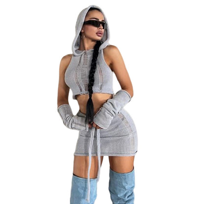 Women's Graceful And Fashionable Solid Color Knitted Hooded Top High Waist Hip-wrapped Skirt Suit apparel & accessories