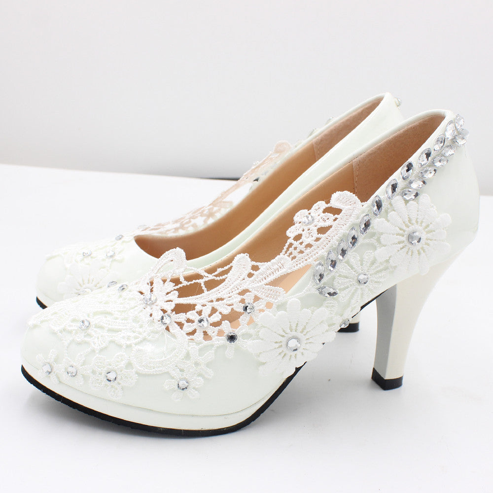 Lace Silver Sequins Adorn White Wedding High Heels Shoes & Bags