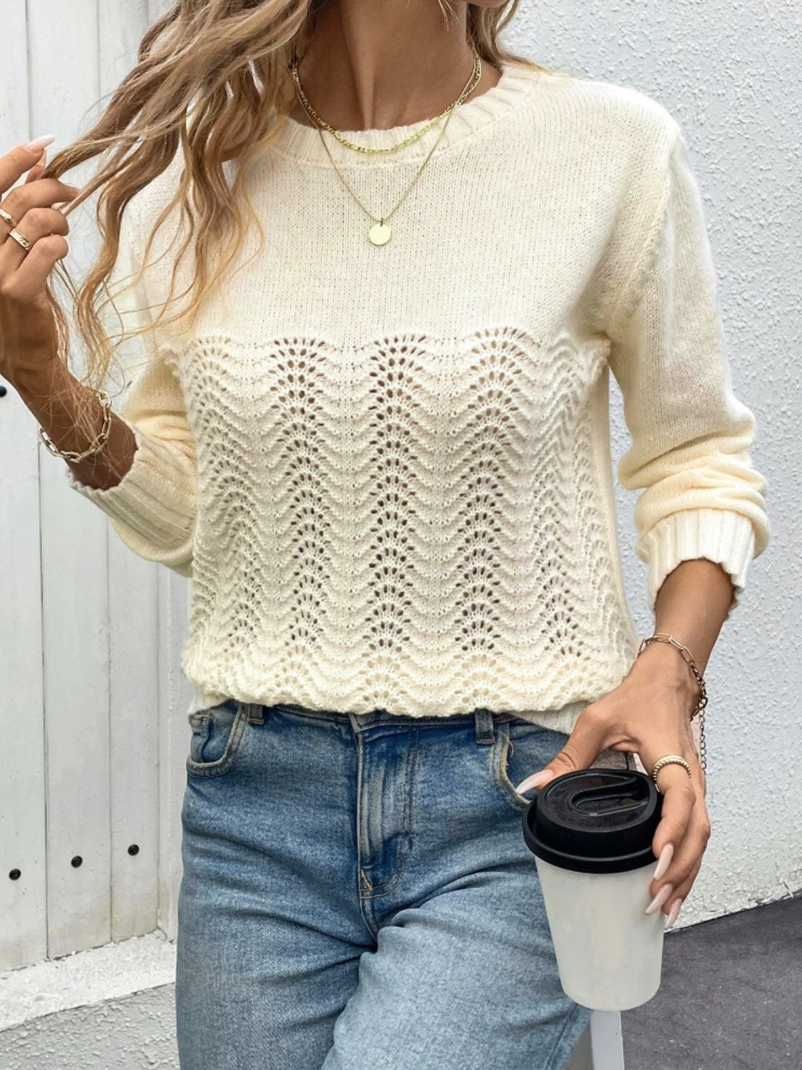 Openwork Round Neck Long Sleeve Sweater Dresses & Tops