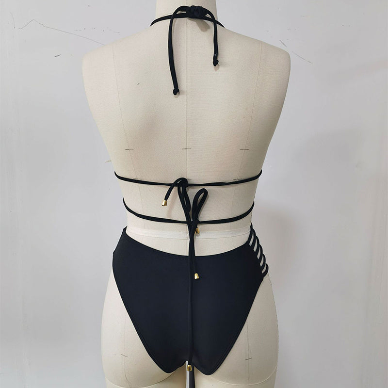 Two-piece Halter Neck Bikini Leopard Print Cutout Strap Swimsuit Set Summer Beach Womens Clothing apparel & accessories