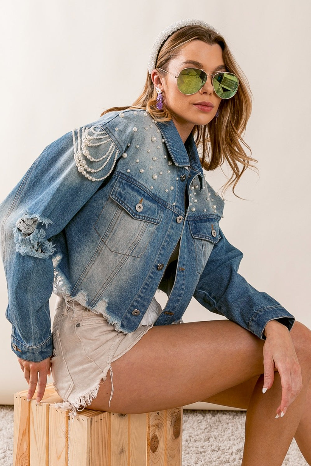 BiBi Pearl Detail Distressed Cropped Denim Jacket Dresses & Tops