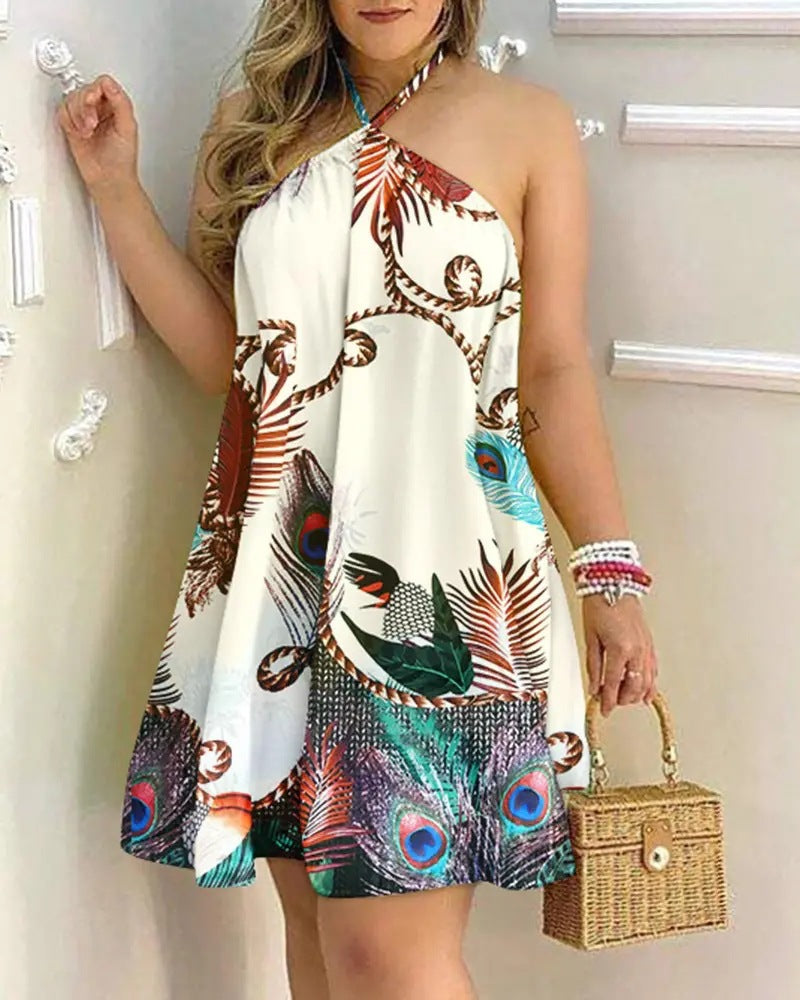 Printed Dress Summer Off-Shoulder Hanging Neck Sleeveless Sexy Dresses Women apparels & accessories