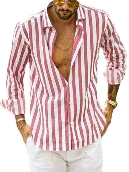 Polo Collar Stripes Shirt Loose men's clothing