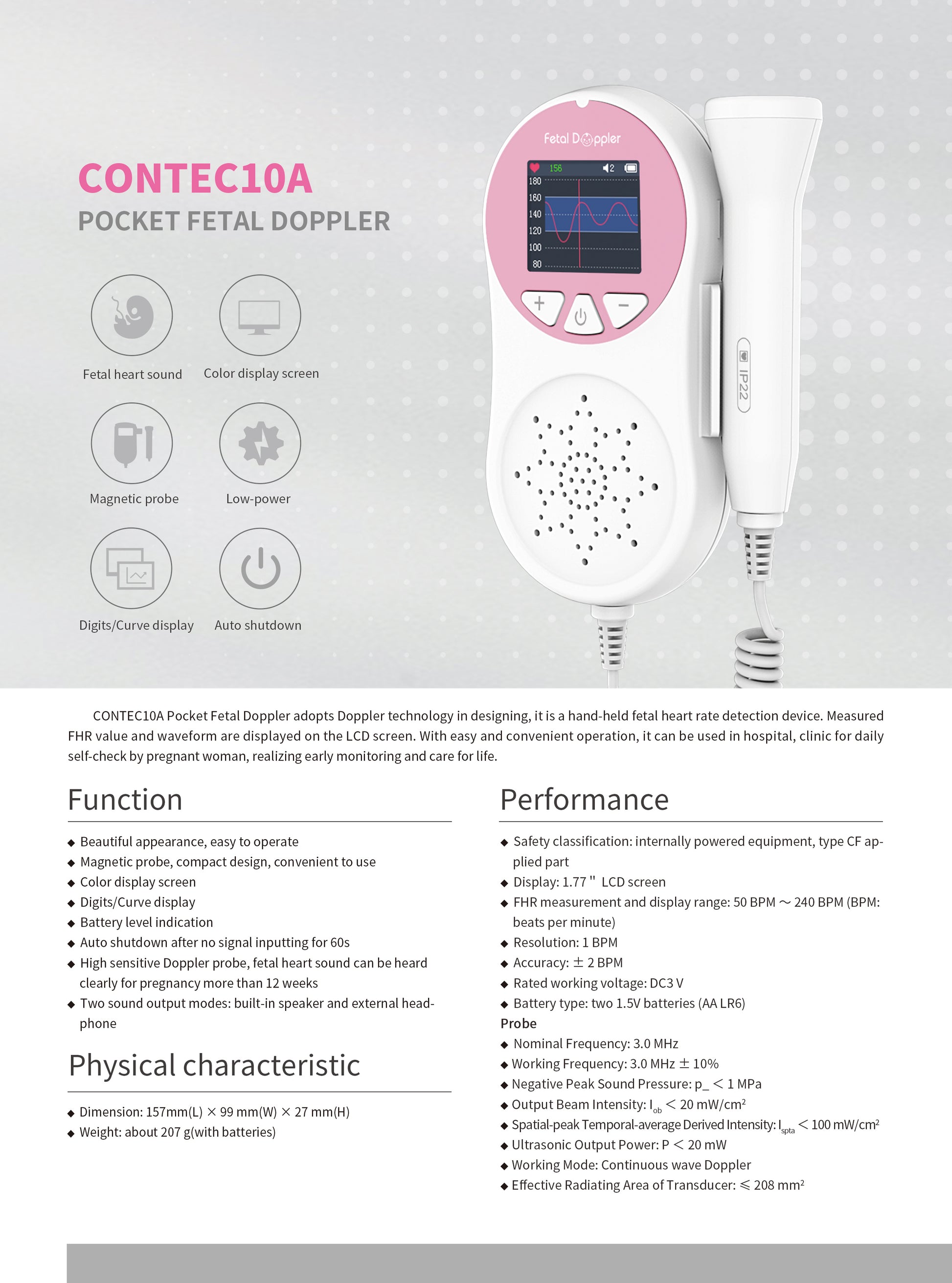 Pocket Fetal Doppler Digits Curve Display Pregnancy Baby Heart Rate Monitor,3Mhz Pink Gadgets