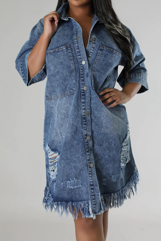 Distressed Raw Hem Button Up Denim Dress apparel & accessories