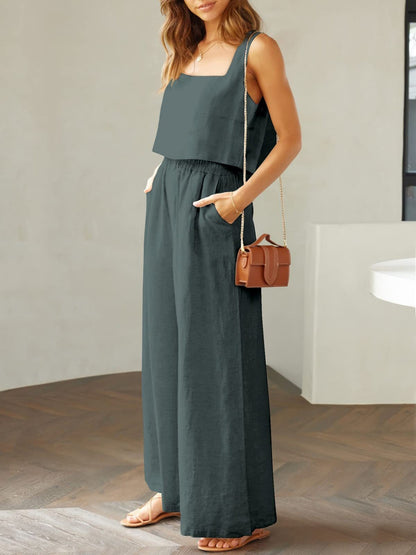 Square Neck Top and Wide Leg Pants Set apparel & accessories