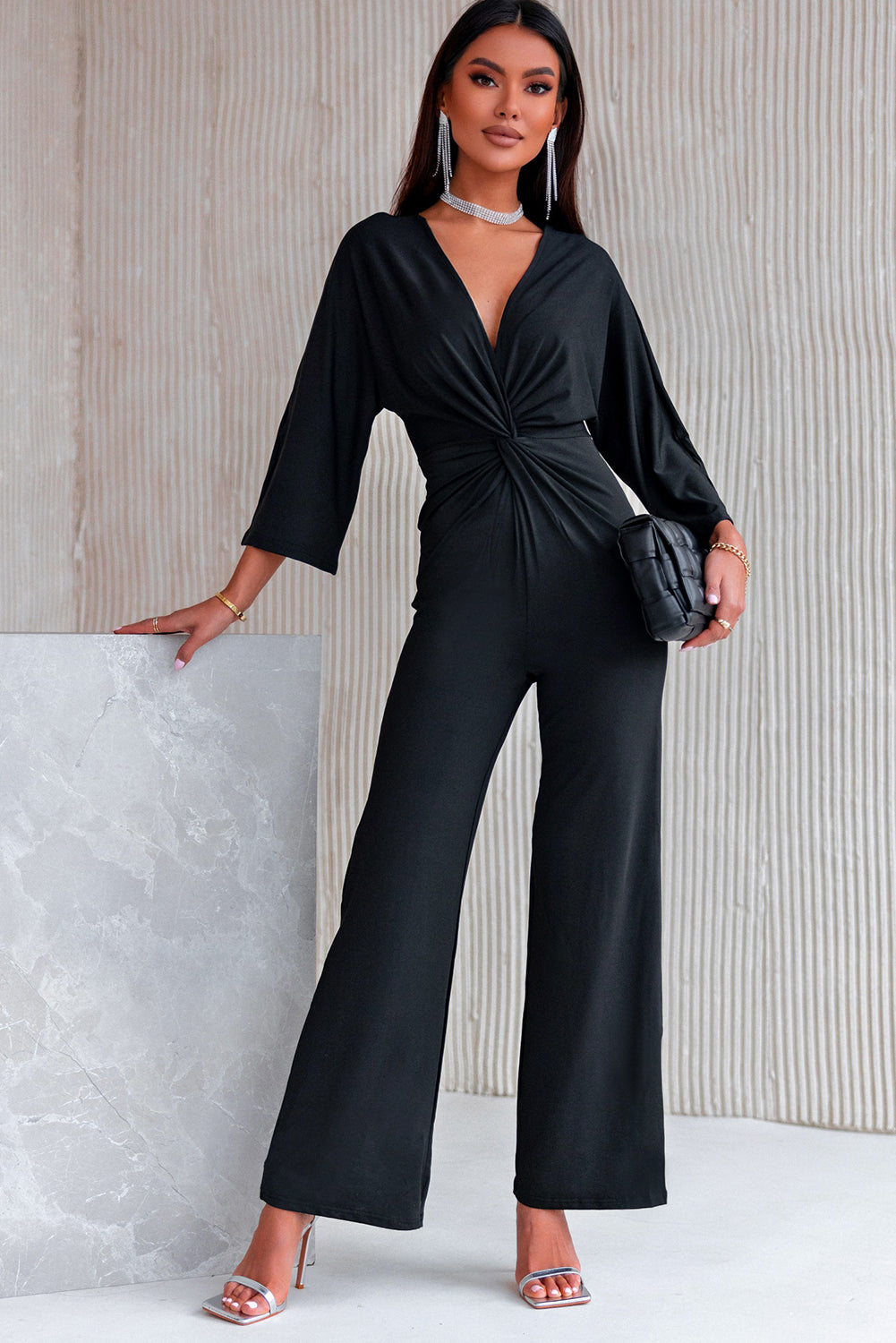 Twisted Plunge Three-Quarter Sleeve Jumpsuit apparel & accessories