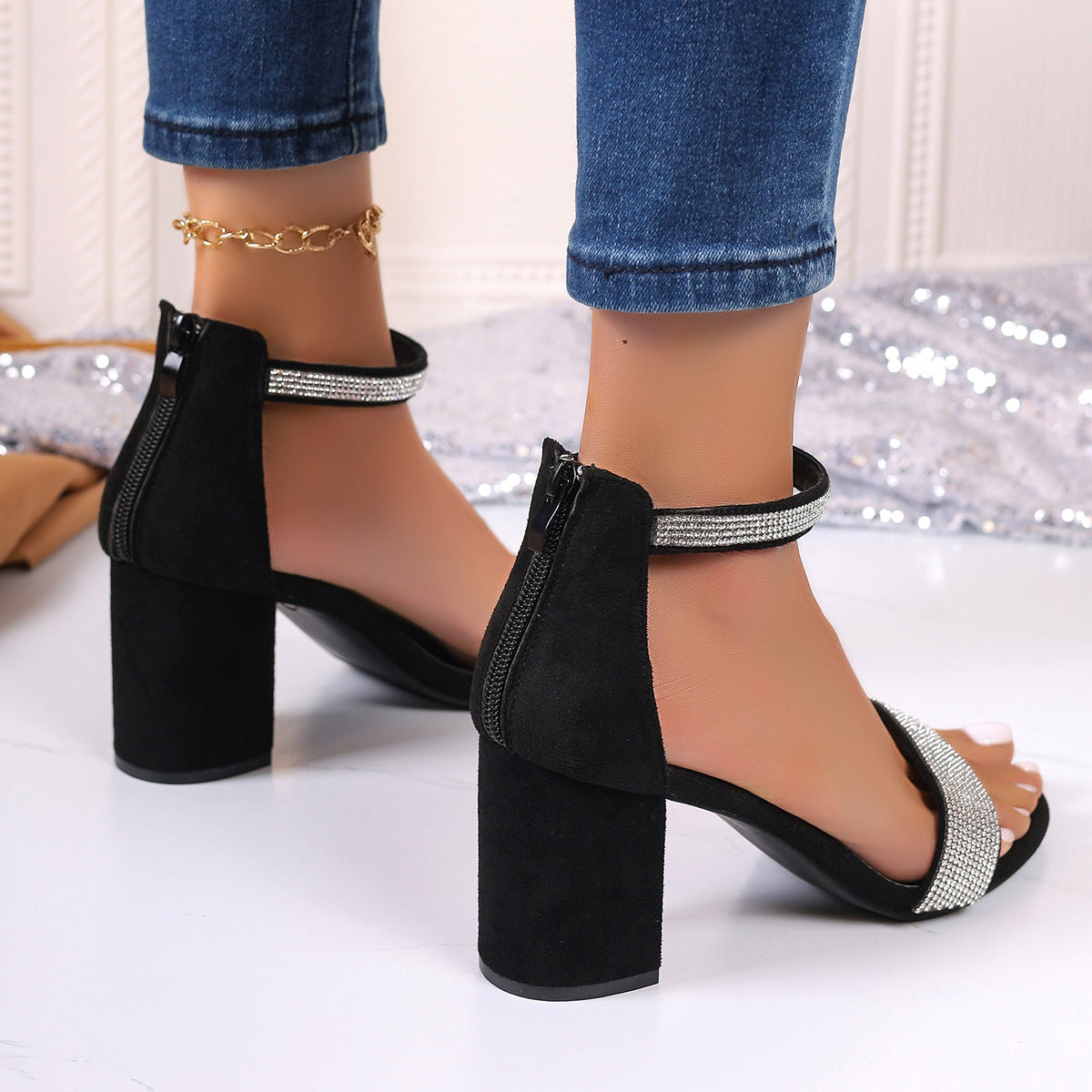 Rhinestone High Heel Sandals Open Toe Shoes & Bags