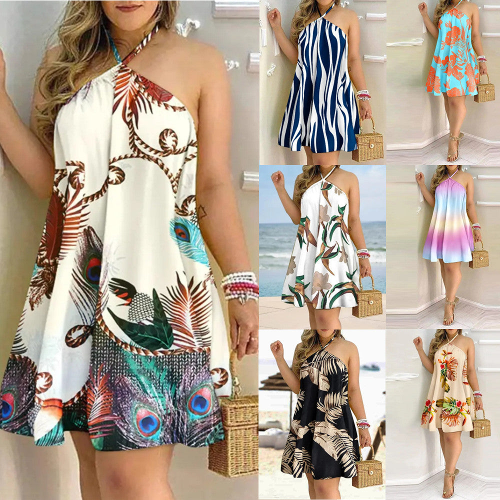 Printed Dress Summer Off-Shoulder Hanging Neck Sleeveless Sexy Dresses Women apparels & accessories