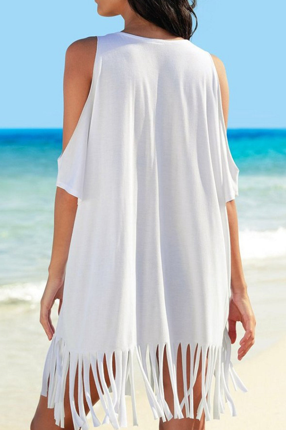 Fringe V-Neck Cold Shoulder Cover Up apparel & accessories