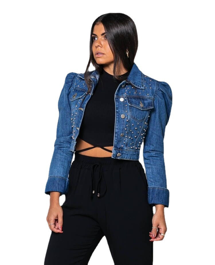 Denim Long-sleeved Retro Puff Sleeve Short Beaded Jacket apparel & accessories