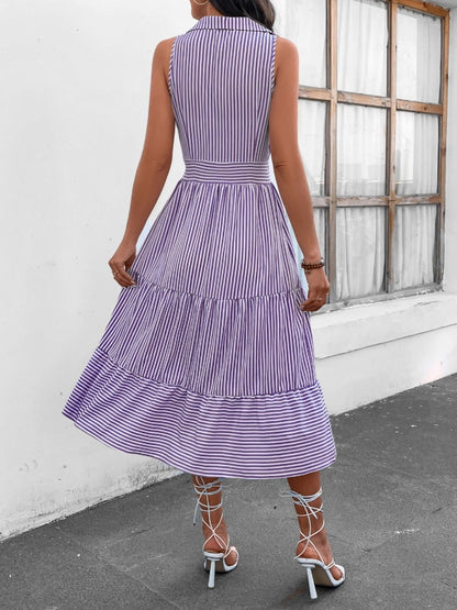 Striped Johnny Collar Sleeveless Midi Dress Dresses & Tops