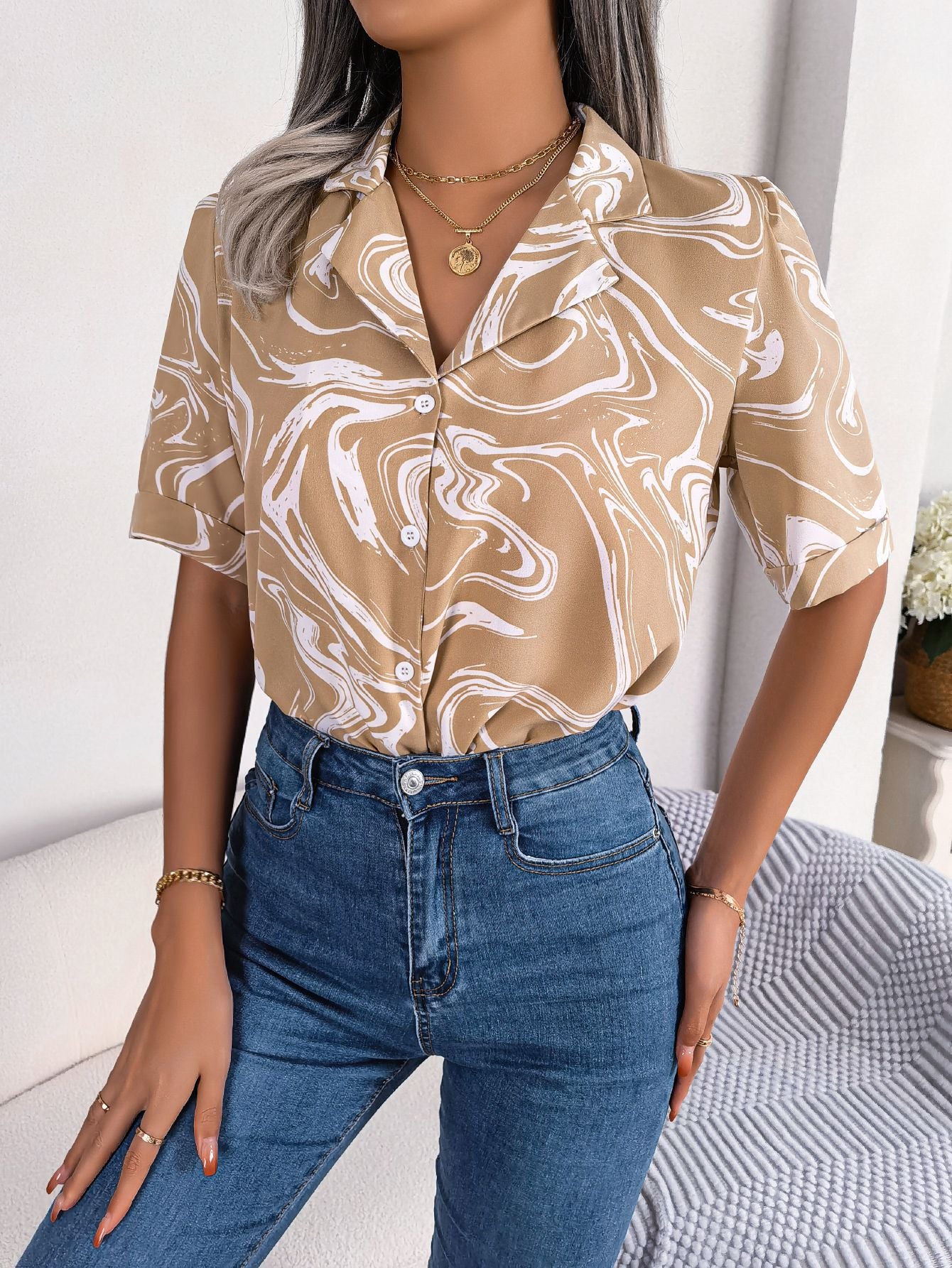 Fashion Tie Dye Printed Short Sleeve Shirt Summer Casual Lapel Shirt Tops For Womens Clothing apparel & accessories