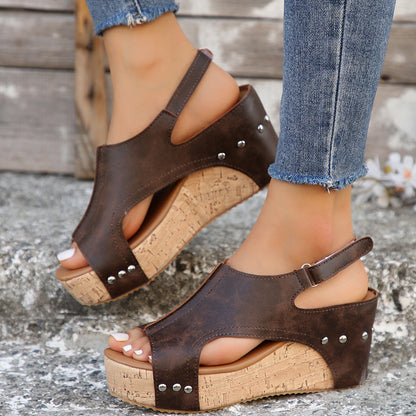 Ladies New Wedge Peep Toe Rivet Sandals Shoes & Bags
