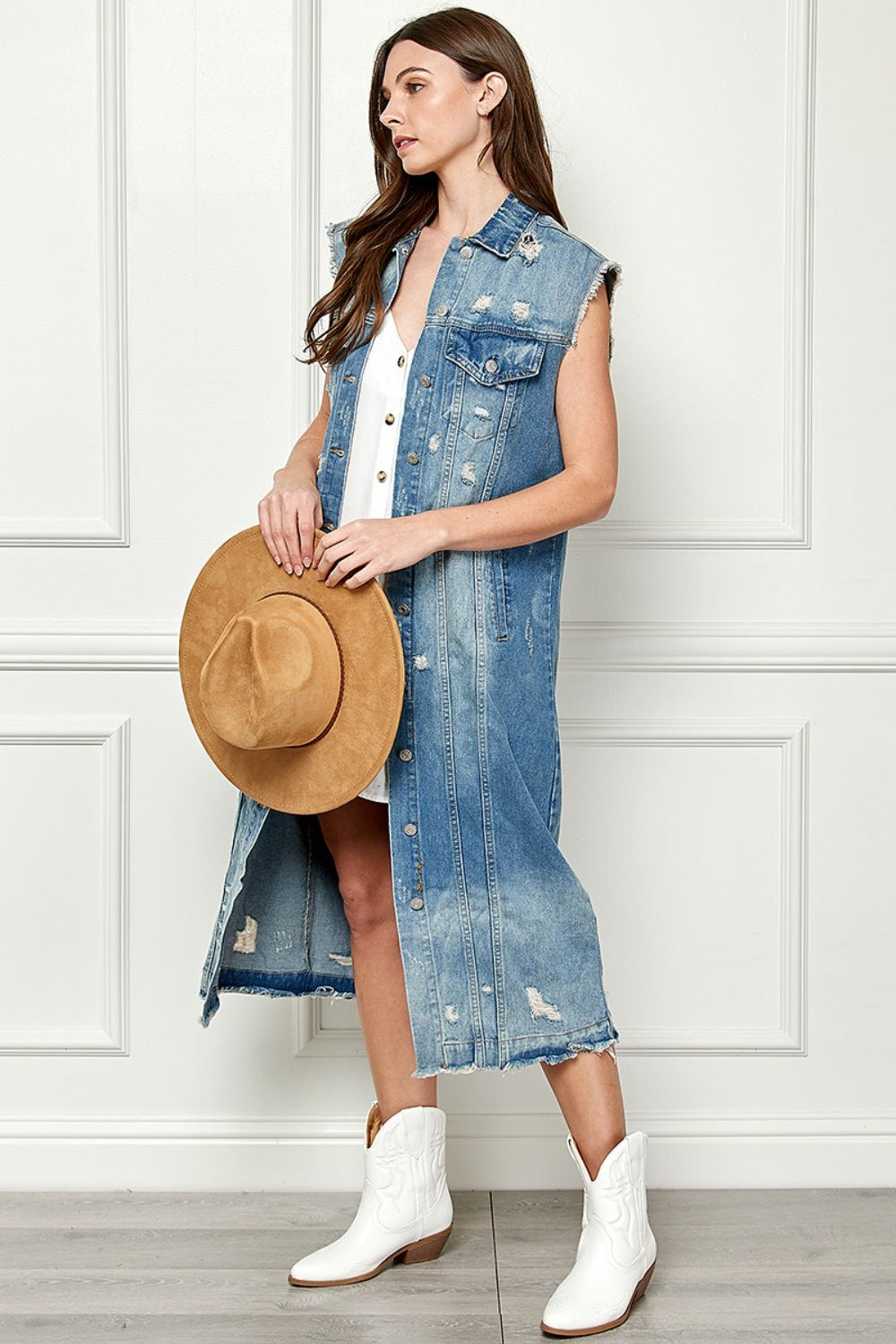 Veveret Full Size Distressed Sleeveless Longline Denim Jacket apparel & accessories